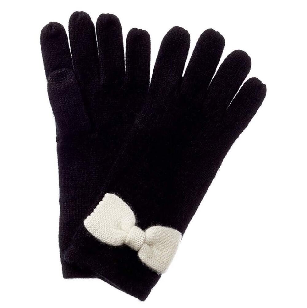 NWT Phenix Black Cashmere Gloves with White Bow Detail